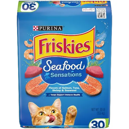 Purina Friskies Seafood Sensations, Indoor Dry Cat Food, Salmon, Tuna, & Shrimp, 30 lb Bag